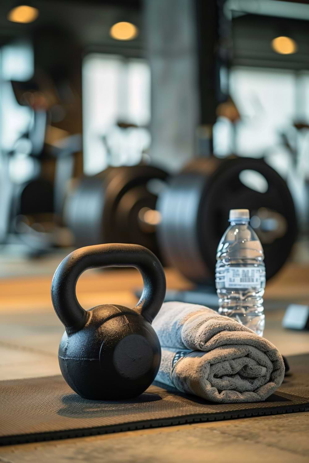 kettlebell, towel, and bottle of water in a gym setting